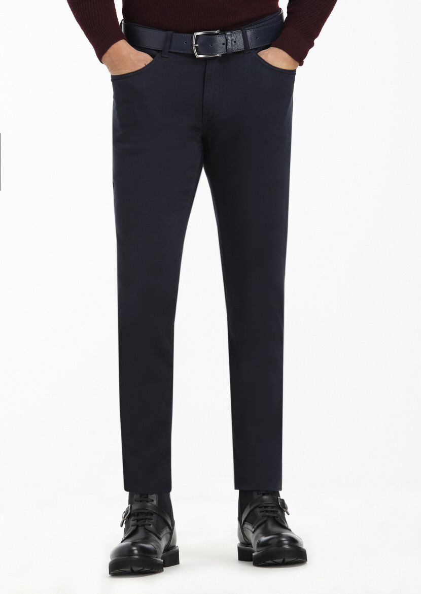 Navy Blue Weaving Slim Fit Casual Cotton Blended Trousers 