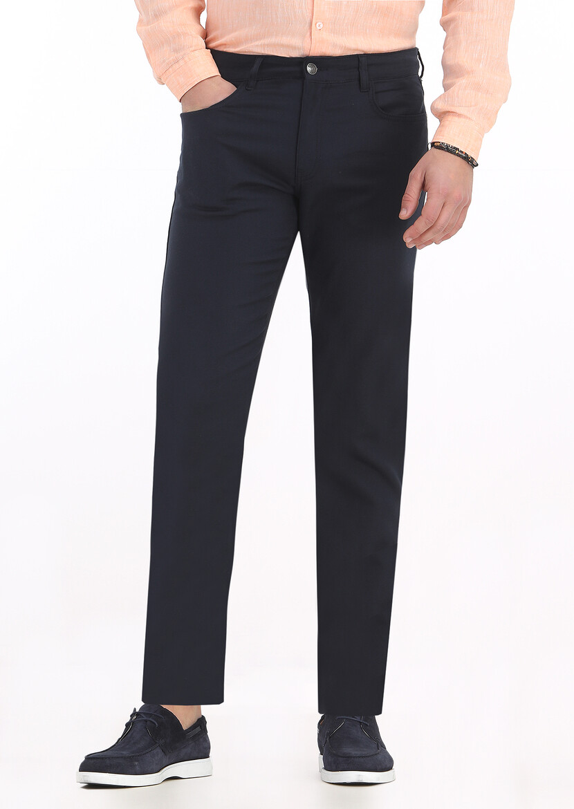 Navy Blue Weaving Slim Fit Casual Cotton Blended Trousers - 2