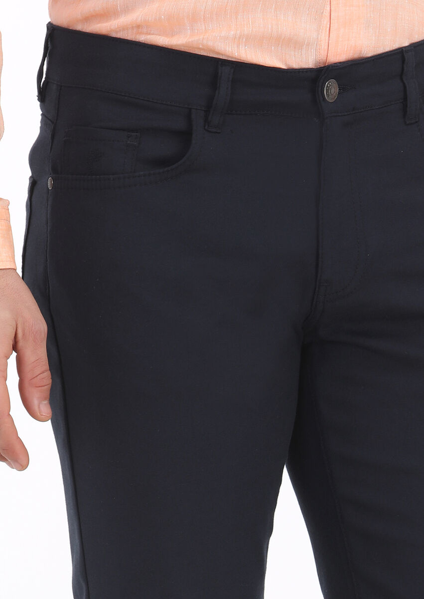 Navy Blue Weaving Slim Fit Casual Cotton Blended Trousers - 3