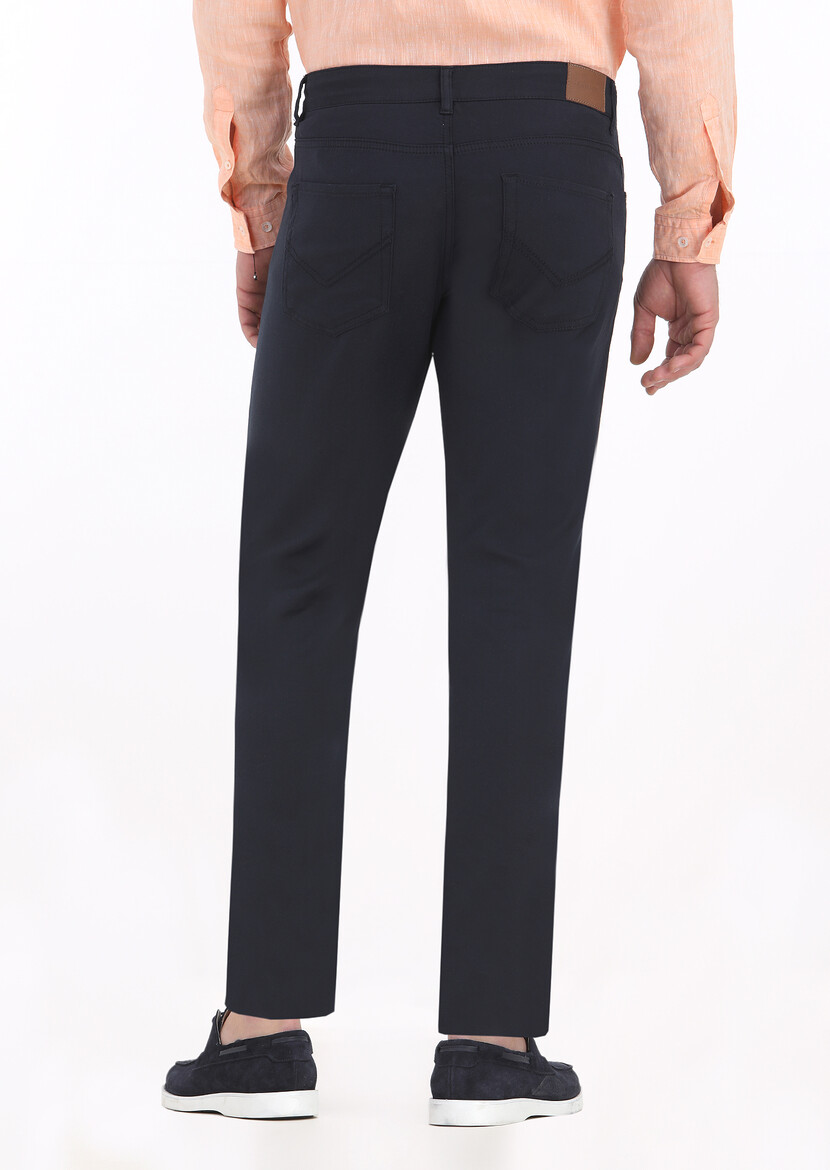 Navy Blue Weaving Slim Fit Casual Cotton Blended Trousers - 4