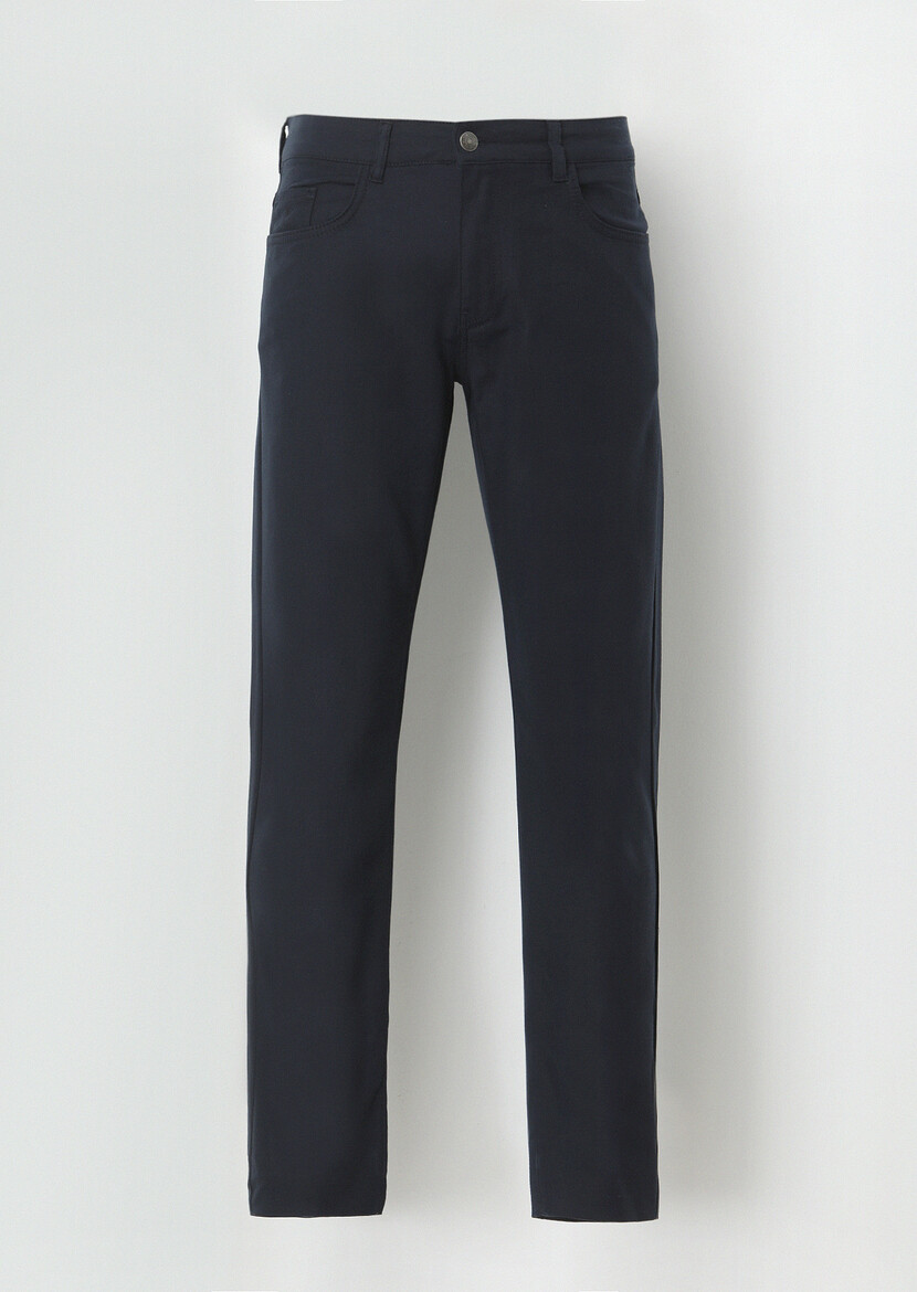 Navy Blue Weaving Slim Fit Casual Cotton Blended Trousers - 5