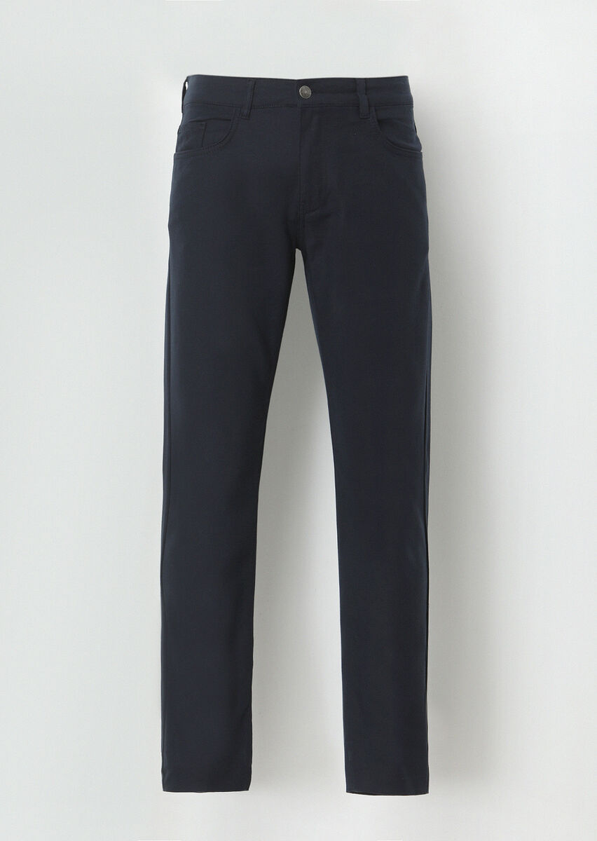 Navy Blue Weaving Slim Fit Casual Cotton Blended Trousers - 5