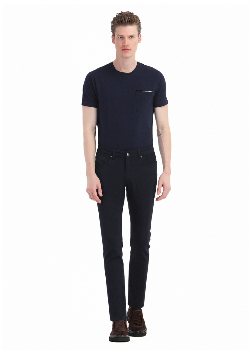 Navy Blue Weaving Slim Fit Casual Cotton Blended Trousers 