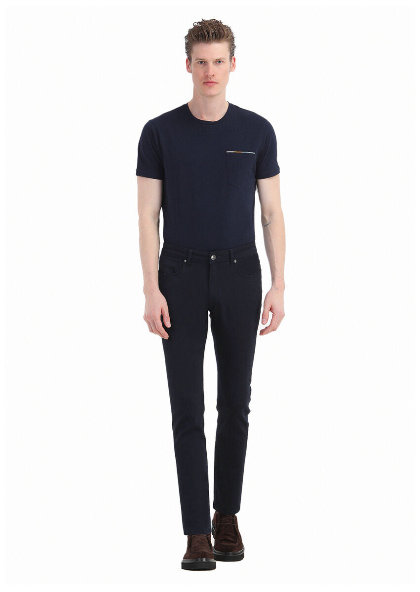 Navy Blue Weaving Slim Fit Casual Cotton Blended Trousers - 1