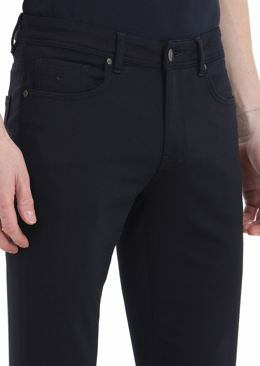 Navy Blue Weaving Slim Fit Casual Cotton Blended Trousers - 3