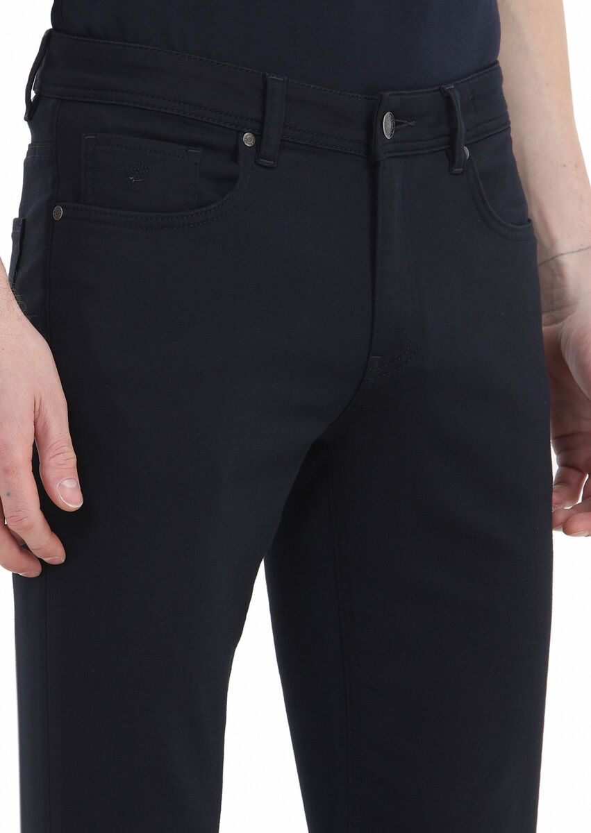 Navy Blue Weaving Slim Fit Casual Cotton Blended Trousers - 3