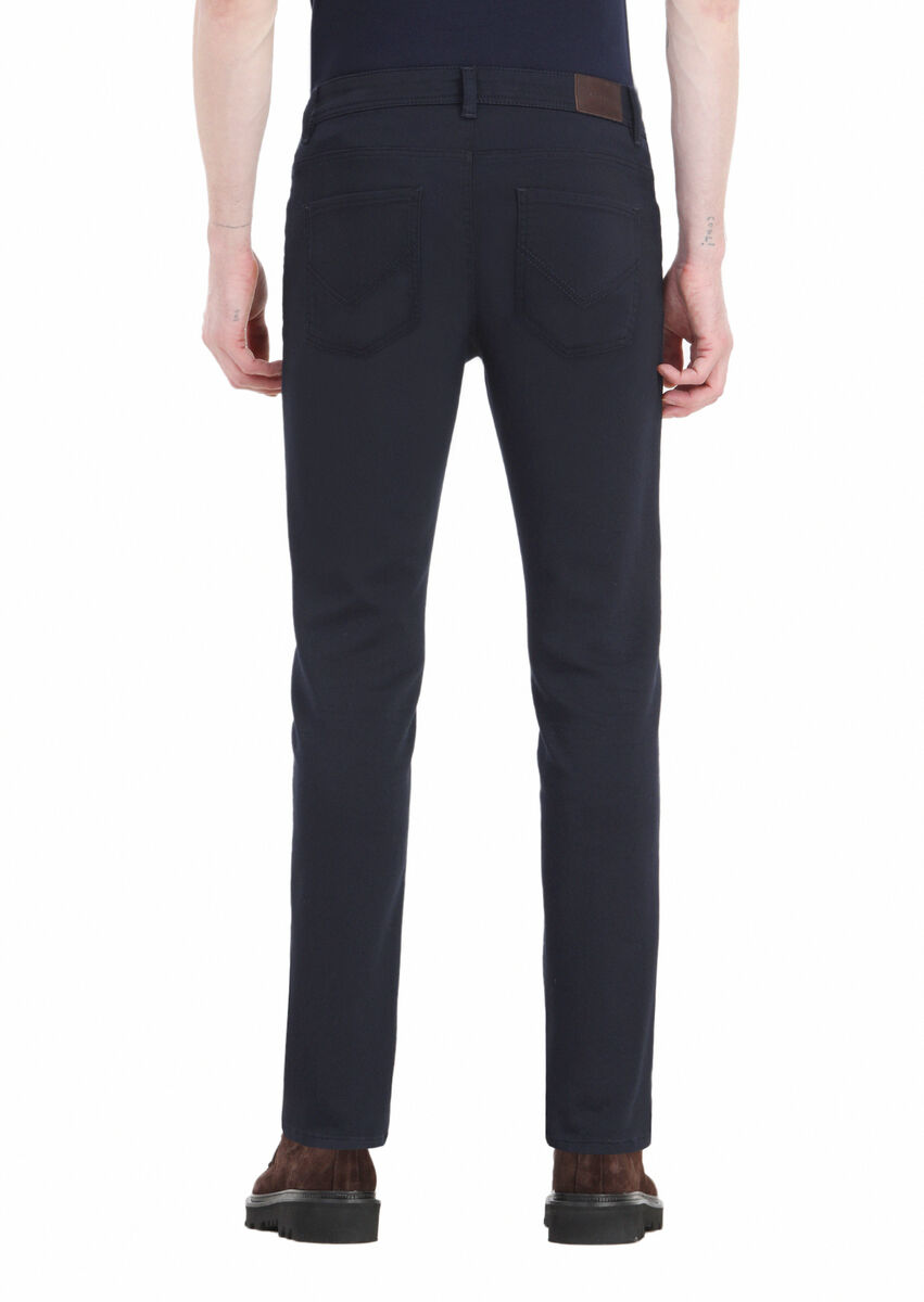 Navy Blue Weaving Slim Fit Casual Cotton Blended Trousers - 5