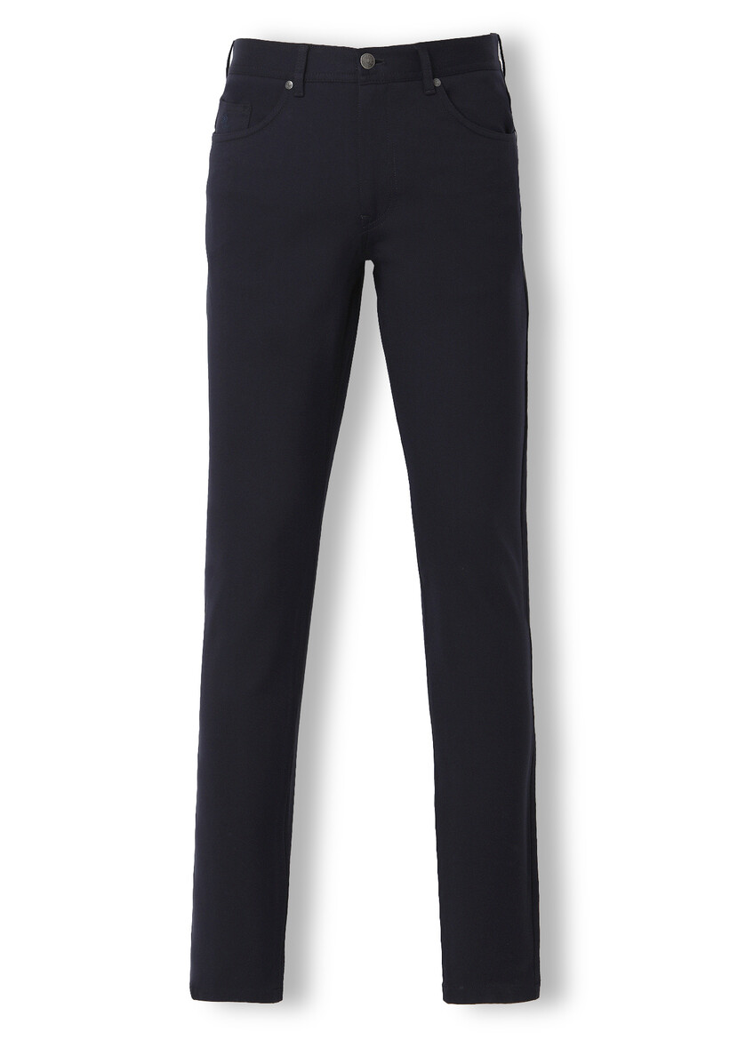 Navy Blue Weaving Slim Fit Casual Cotton Blended Trousers - 6