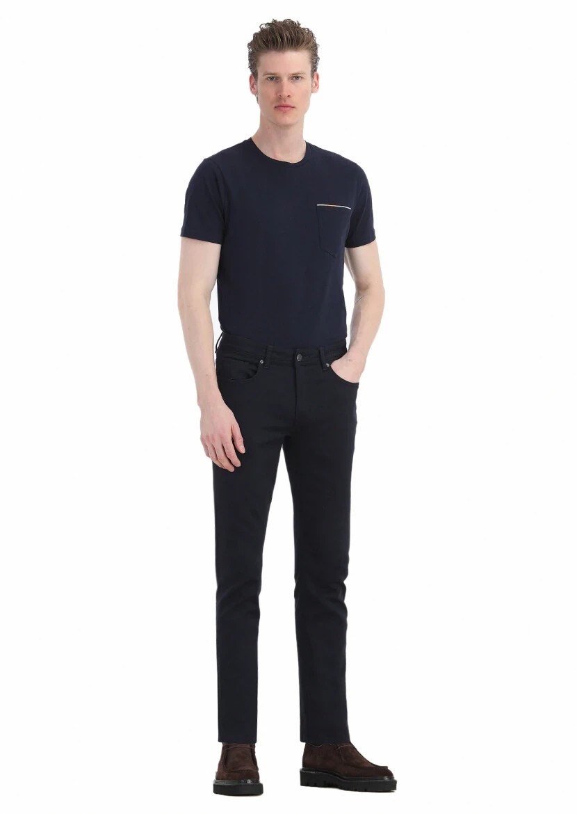 Navy Blue Weaving Slim Fit Casual Cotton Blended Trousers 
