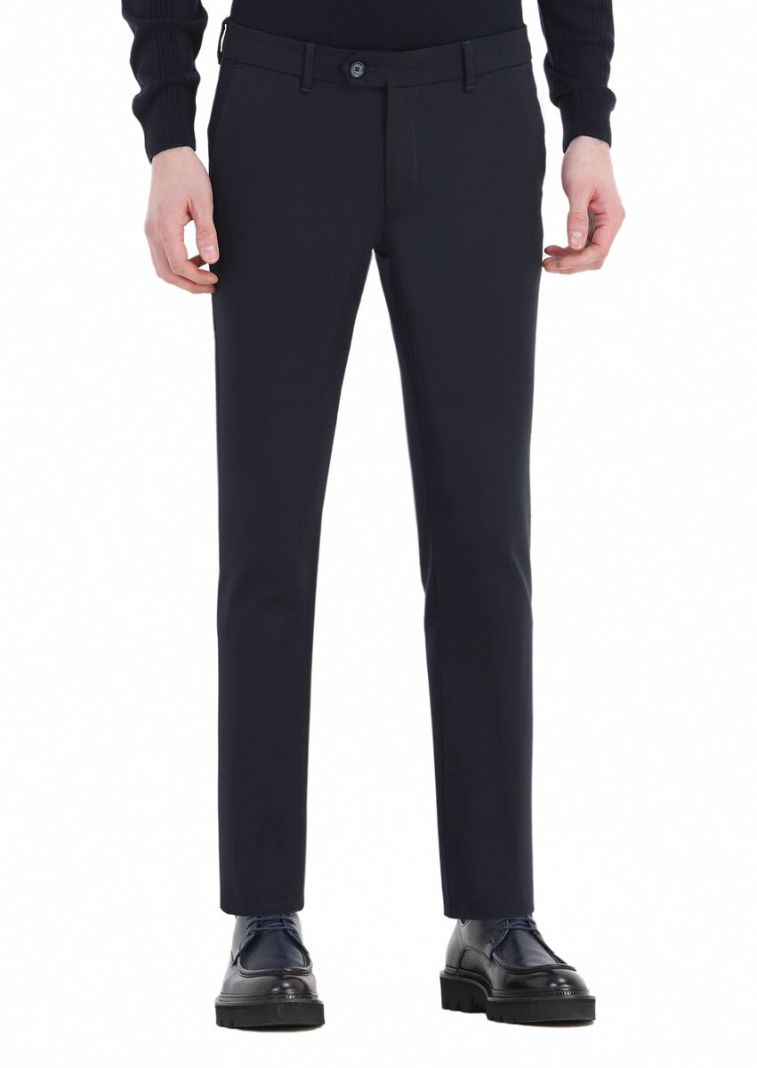 Navy Blue Weaving Slim Fit Casual Cotton Blended Trousers - 2