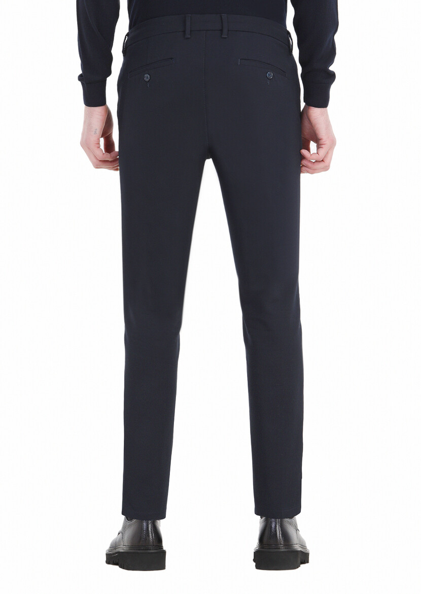 Navy Blue Weaving Slim Fit Casual Cotton Blended Trousers - 4