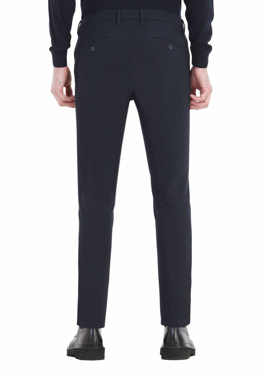 Navy Blue Weaving Slim Fit Casual Cotton Blended Trousers - 4