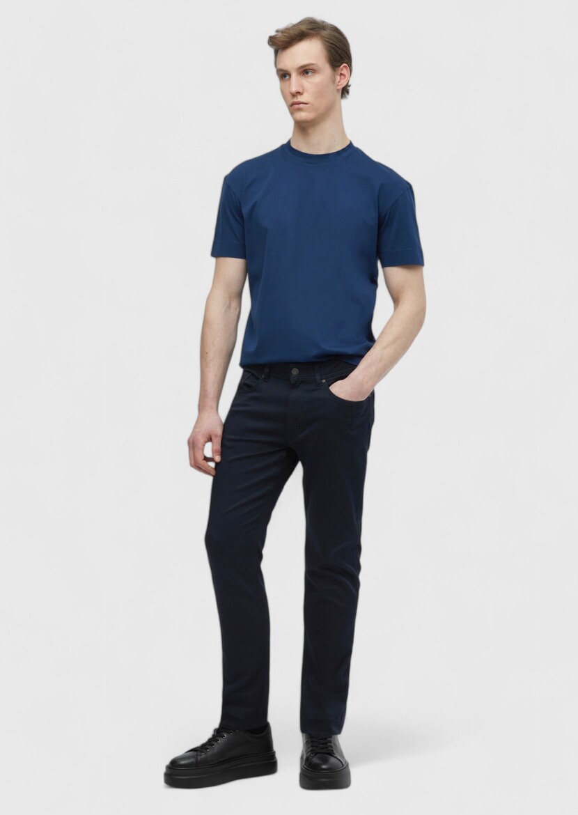 Navy Blue Weaving Slim Fit Casual Cotton Blended Trousers 