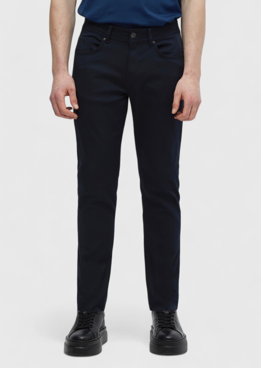 Navy Blue Weaving Slim Fit Casual Cotton Blended Trousers - 2