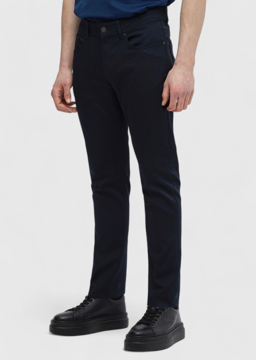 Navy Blue Weaving Slim Fit Casual Cotton Blended Trousers - 3