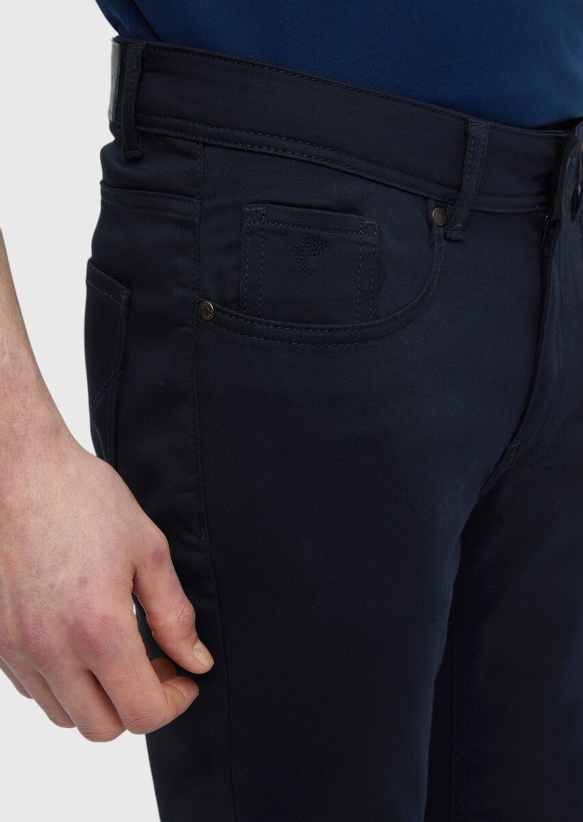 Navy Blue Weaving Slim Fit Casual Cotton Blended Trousers - 4