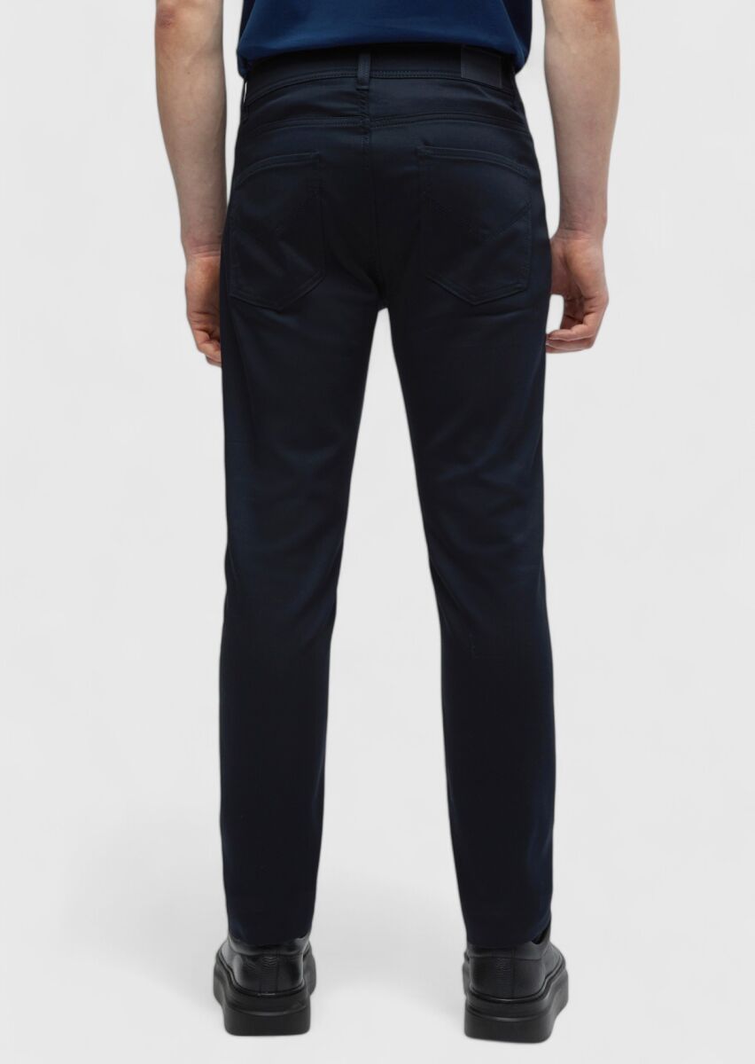 Navy Blue Weaving Slim Fit Casual Cotton Blended Trousers - 5