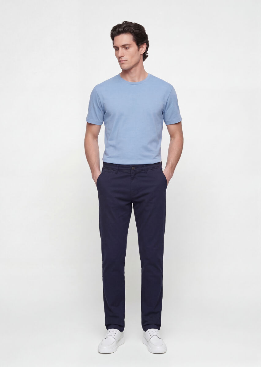 Navy Blue Weaving Slim Fit Casual Cotton Blended Trousers - 1