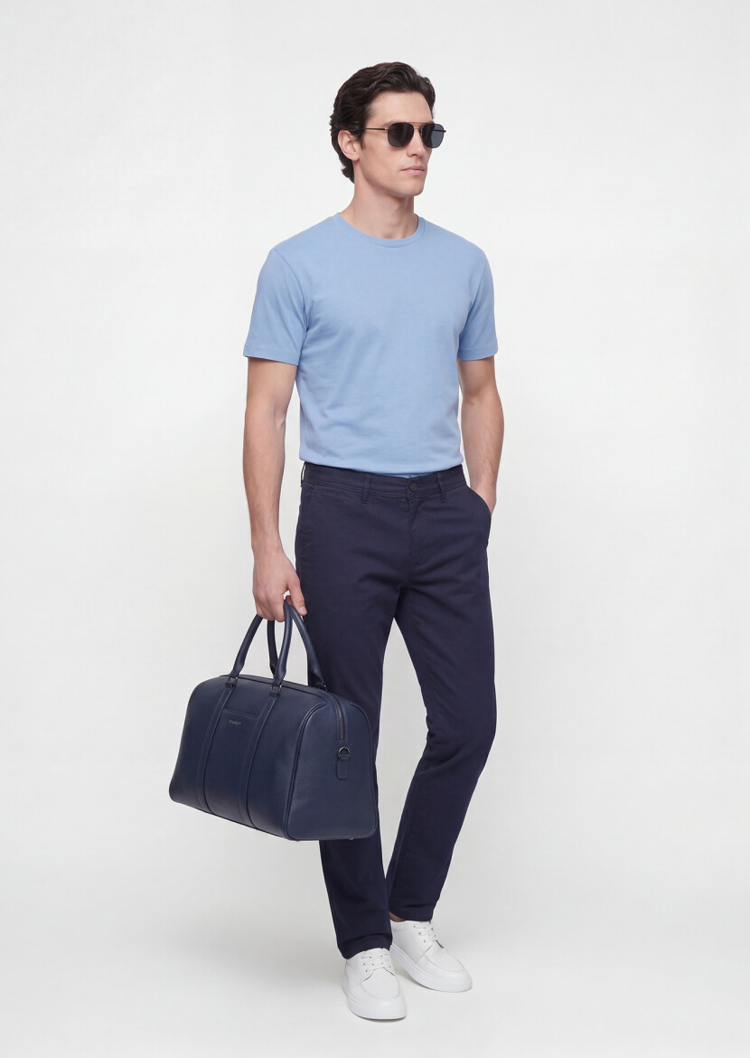 Navy Blue Weaving Slim Fit Casual Cotton Blended Trousers - RAMSEY