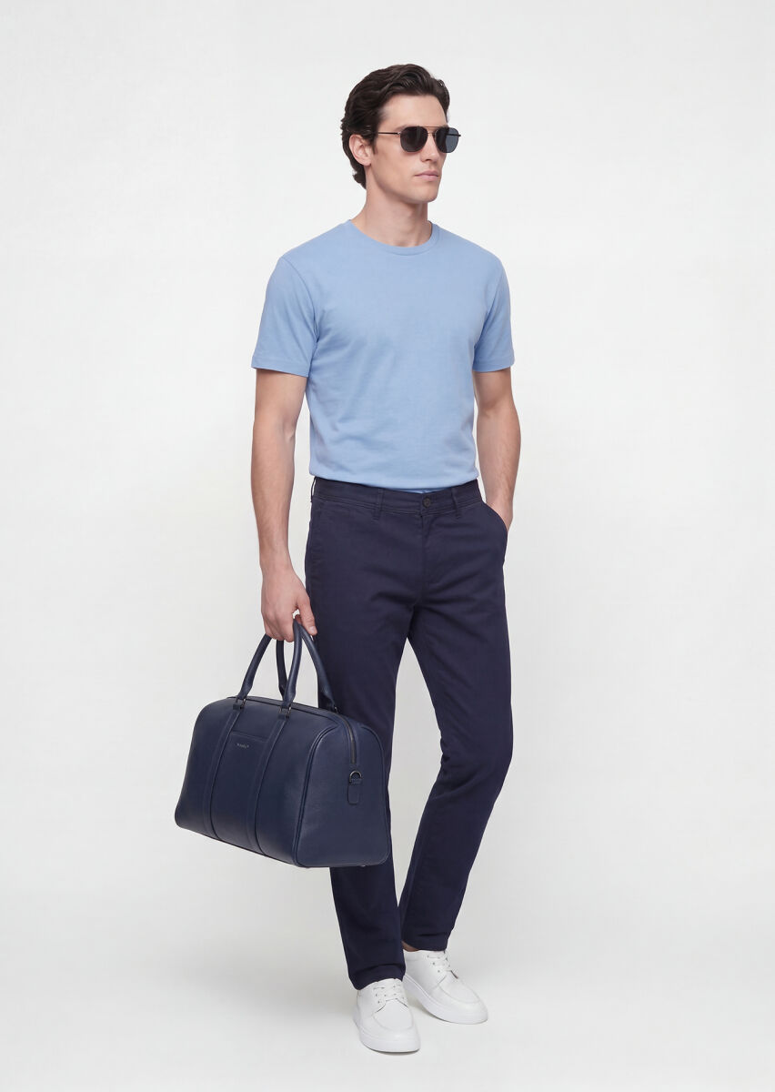 Navy Blue Weaving Slim Fit Casual Cotton Blended Trousers - 2