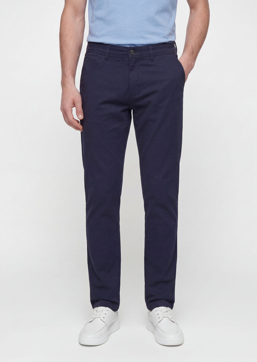 Navy Blue Weaving Slim Fit Casual Cotton Blended Trousers - 3