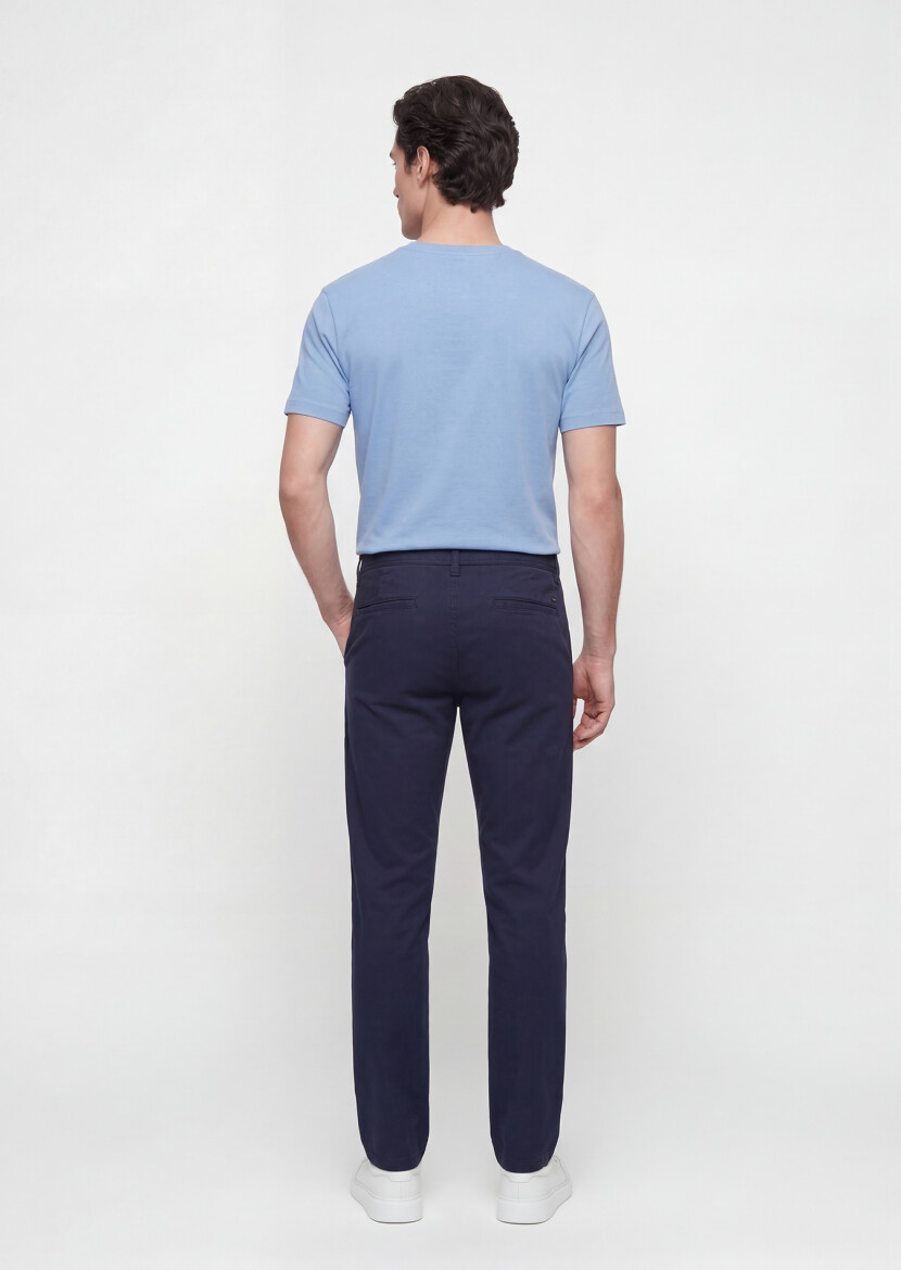 Navy Blue Weaving Slim Fit Casual Cotton Blended Trousers - 4