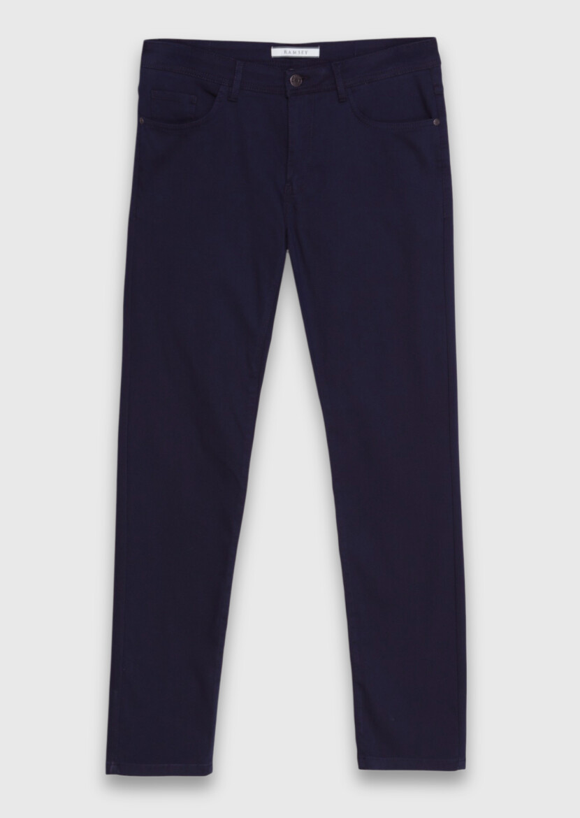 Navy Blue Weaving Slim Fit Casual Cotton Blended Trousers - 5