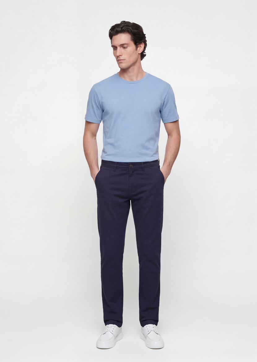 Navy Blue Weaving Slim Fit Casual Cotton Blended Trousers - RAMSEY