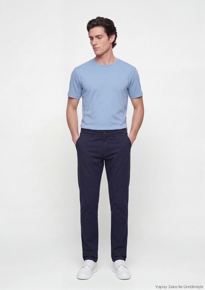 Navy Blue Weaving Slim Fit Casual Cotton Blended Trousers - RAMSEY