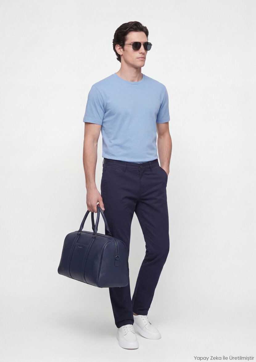 Navy Blue Weaving Slim Fit Casual Cotton Blended Trousers - RAMSEY