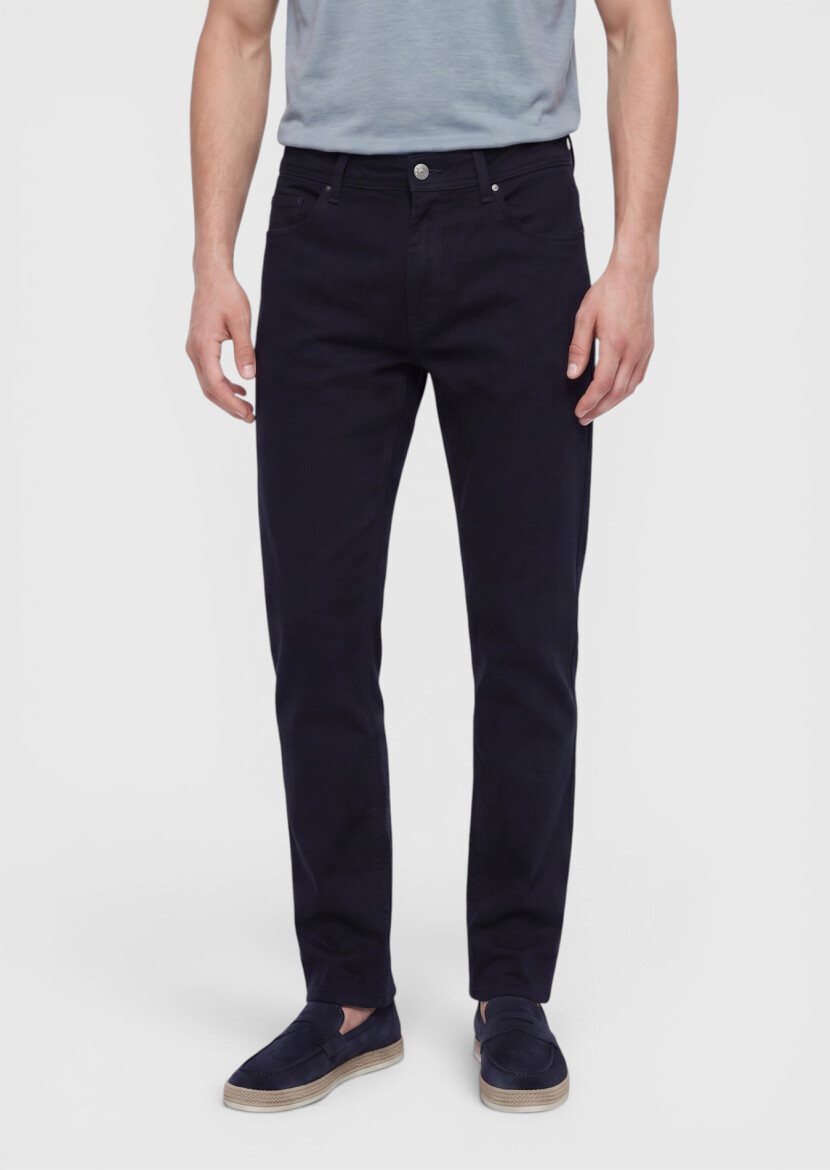 Navy Blue Weaving Slim Fit Casual Cotton Blended Trousers - RAMSEY