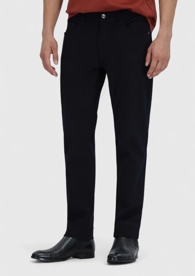 Navy Blue Weaving Slim Fit Casual Cotton Blended Trousers - 2