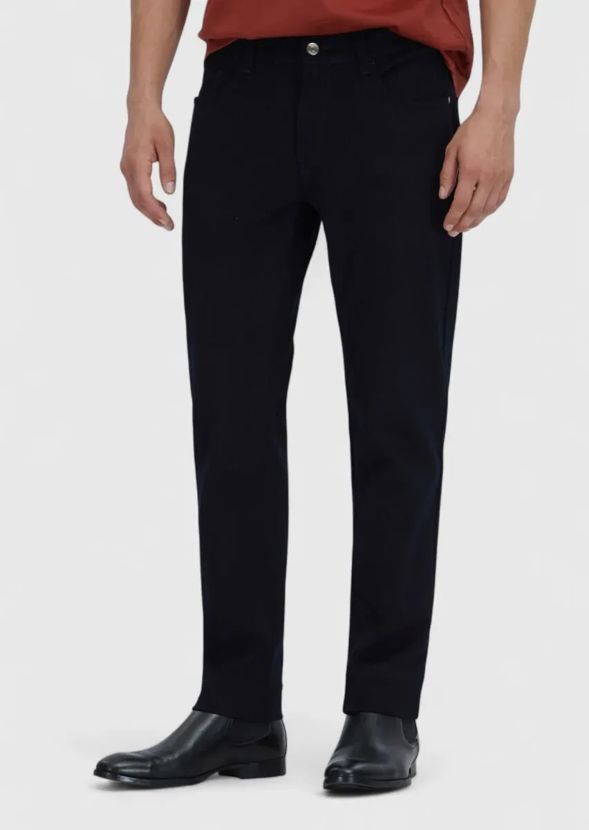 Navy Blue Weaving Slim Fit Casual Cotton Blended Trousers - 2