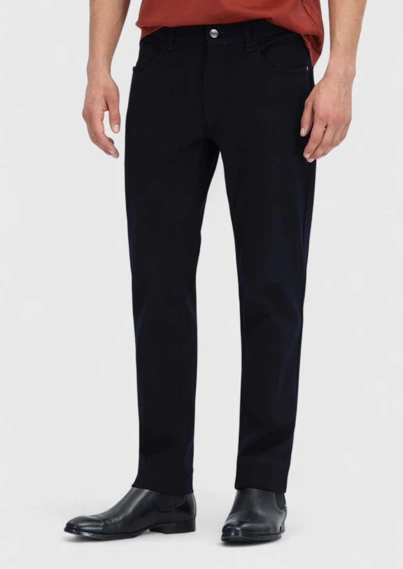 Navy Blue Weaving Slim Fit Casual Cotton Blended Trousers - RAMSEY