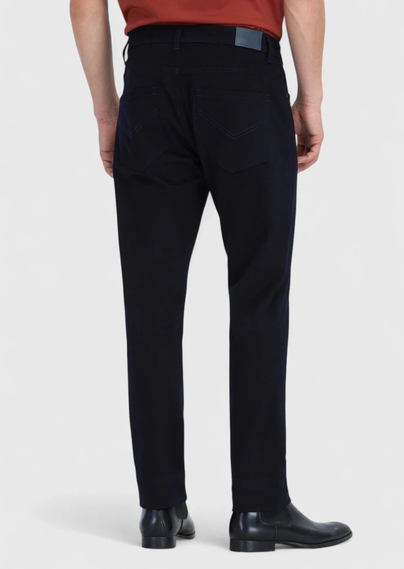 Navy Blue Weaving Slim Fit Casual Cotton Blended Trousers - 5