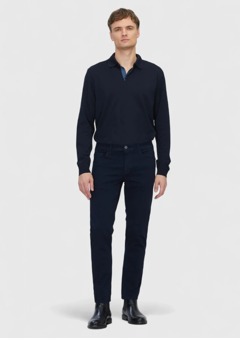 Navy Blue Weaving Slim Fit Casual Cotton Blended Trousers - RAMSEY