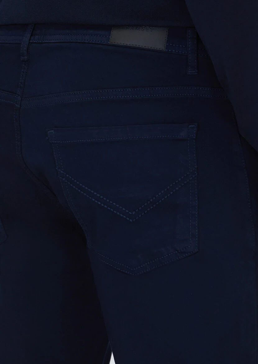 Navy Blue Weaving Slim Fit Casual Cotton Blended Trousers - 4