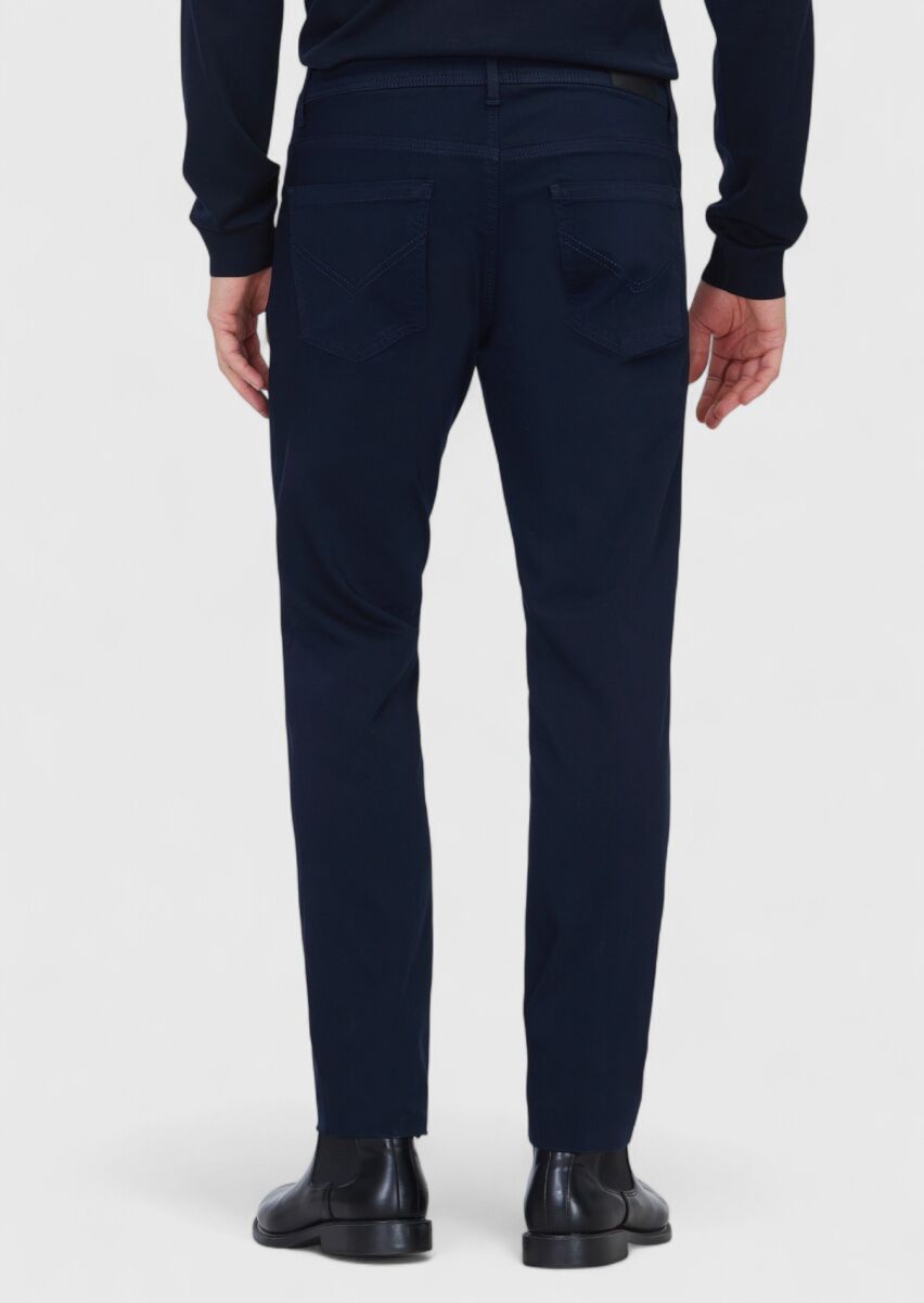 Navy Blue Weaving Slim Fit Casual Cotton Blended Trousers - 5