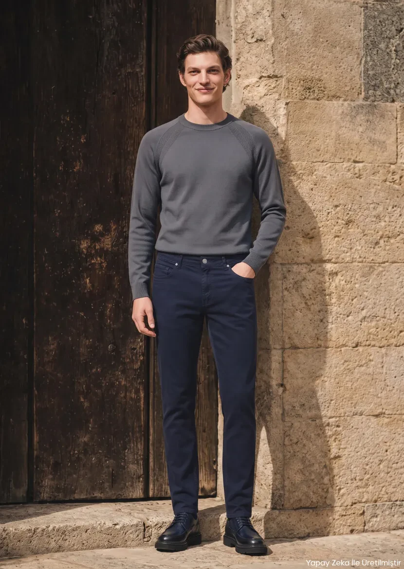 Navy Blue Weaving Slim Fit Casual Cotton Blended Trousers - RAMSEY