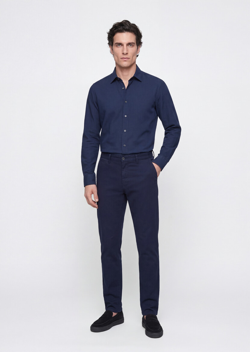 Navy Blue Weaving Slim Fit Casual Cotton Blended Trousers - RAMSEY