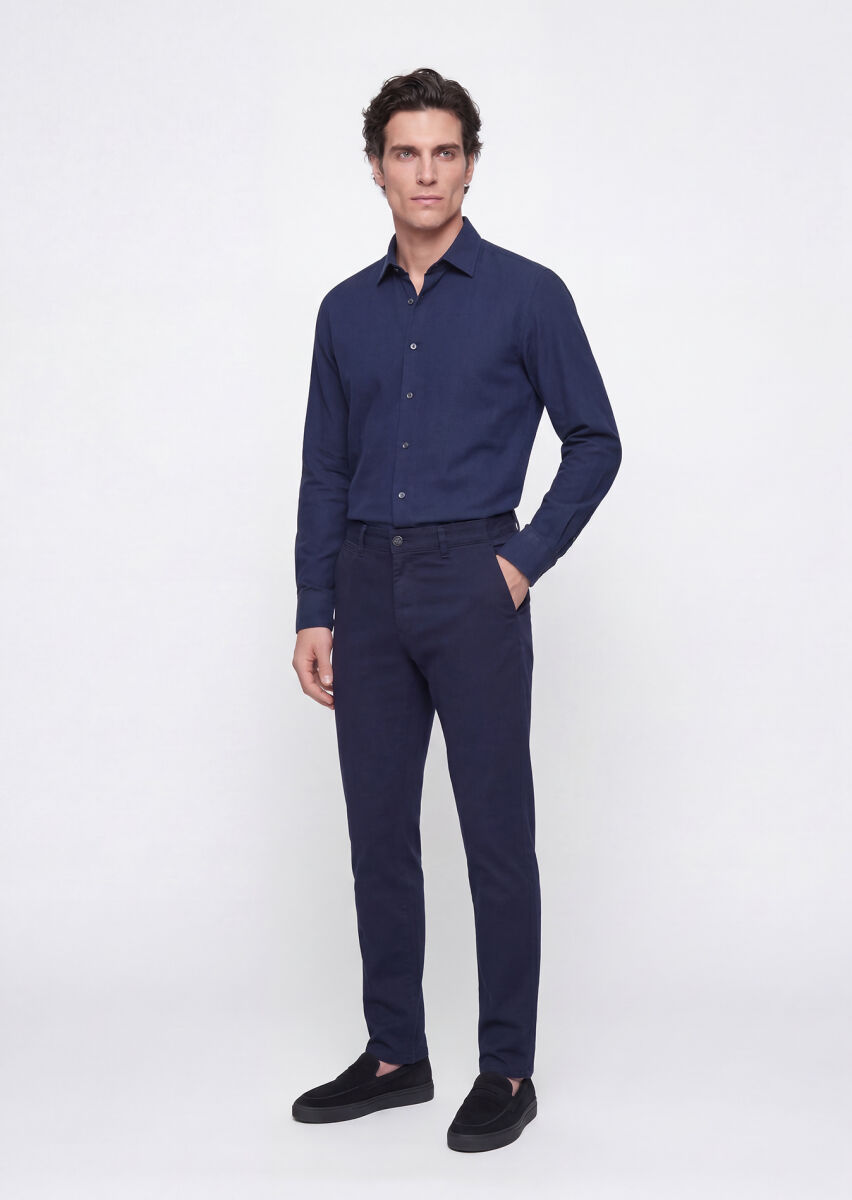 Navy Blue Weaving Slim Fit Casual Cotton Blended Trousers - 3