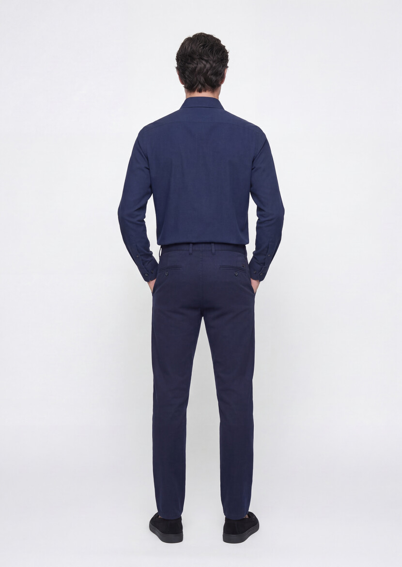 Navy Blue Weaving Slim Fit Casual Cotton Blended Trousers - 4