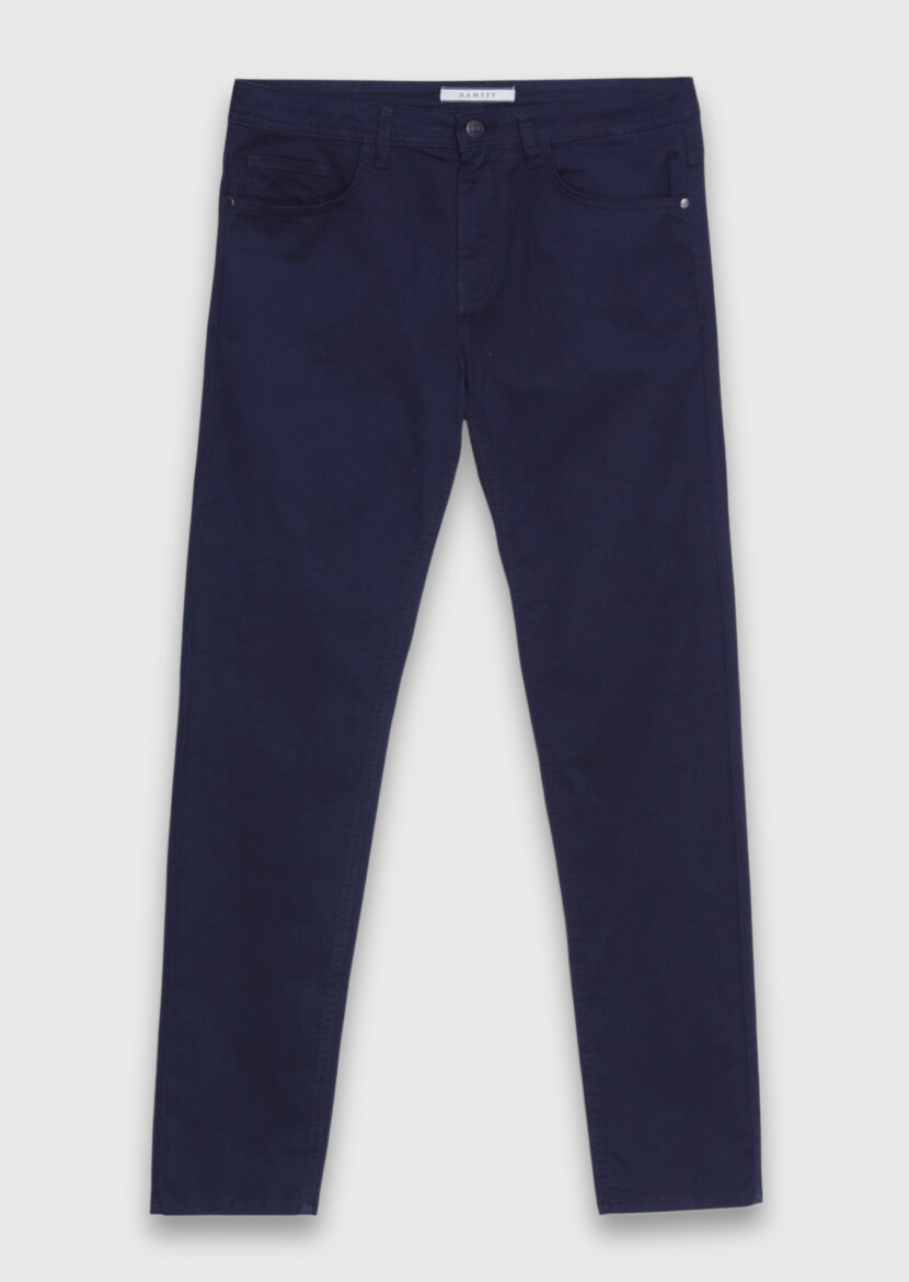 Navy Blue Weaving Slim Fit Casual Cotton Blended Trousers - 5