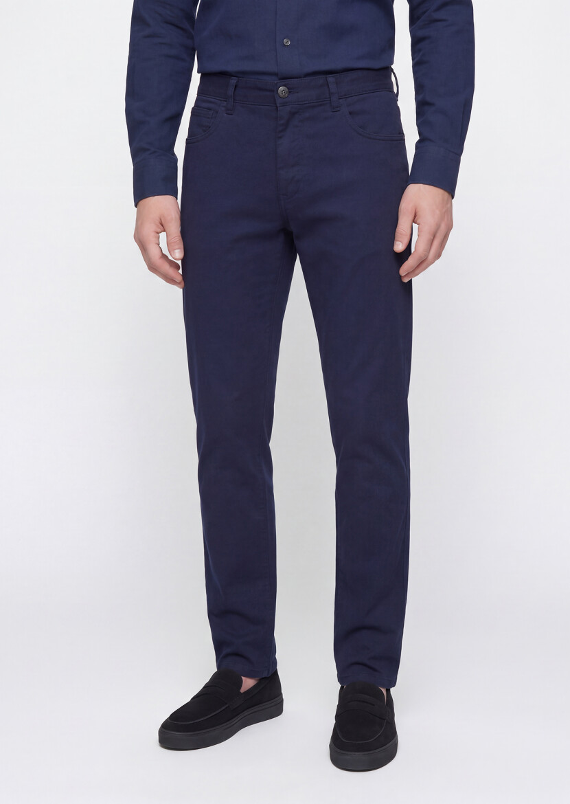 Navy Blue Weaving Slim Fit Casual Cotton Blended Trousers - 2