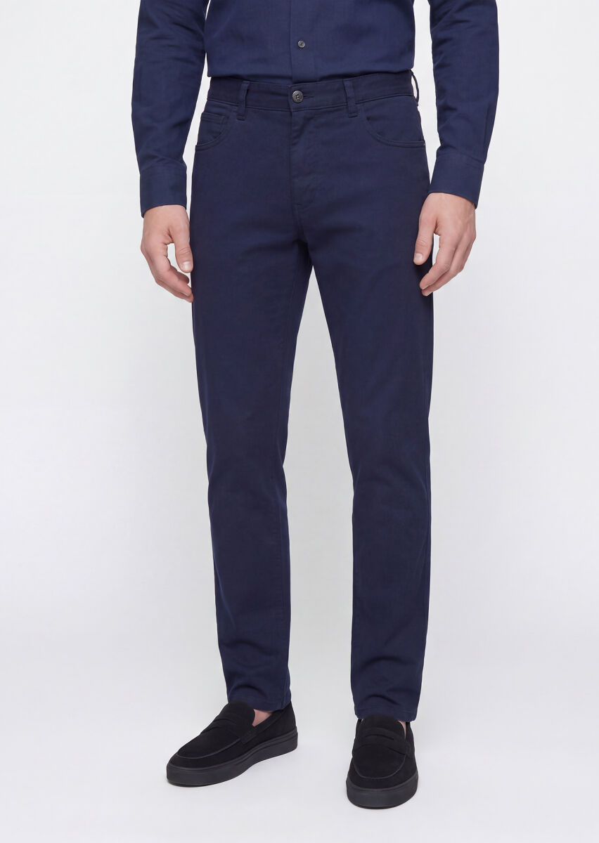 Navy Blue Weaving Slim Fit Casual Cotton Blended Trousers - 2