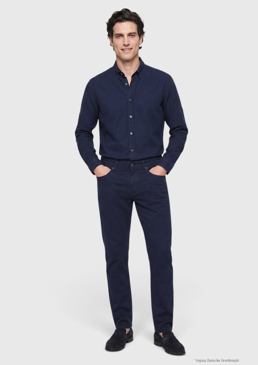 Navy Blue Weaving Slim Fit Casual Cotton Blended Trousers - RAMSEY
