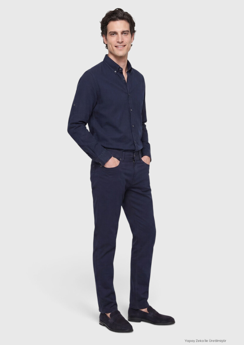 Navy Blue Weaving Slim Fit Casual Cotton Blended Trousers - RAMSEY