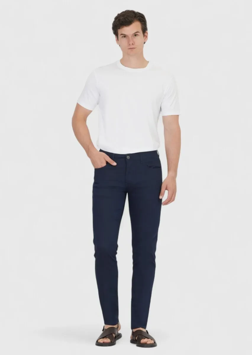 Navy Blue Weaving Slim Fit Casual Cotton Blended Trousers - 1