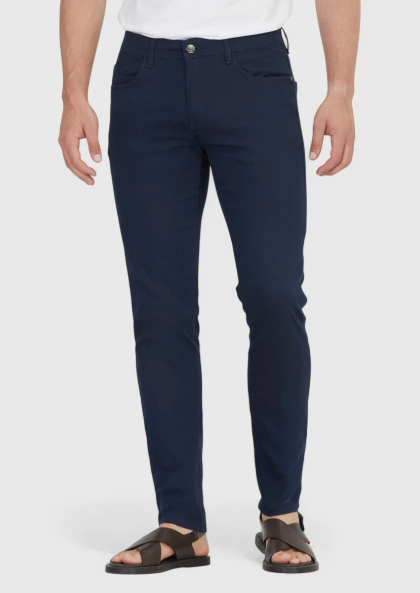 Navy Blue Weaving Slim Fit Casual Cotton Blended Trousers - RAMSEY