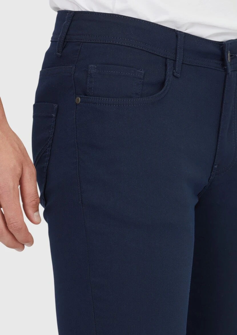 Navy Blue Weaving Slim Fit Casual Cotton Blended Trousers - 3